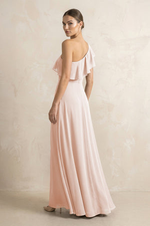 Ruffled One - Shoulder A - Line Chiffon Bridesmaid Dress in Pale Blush - KissProm Bridesmaid Dresses