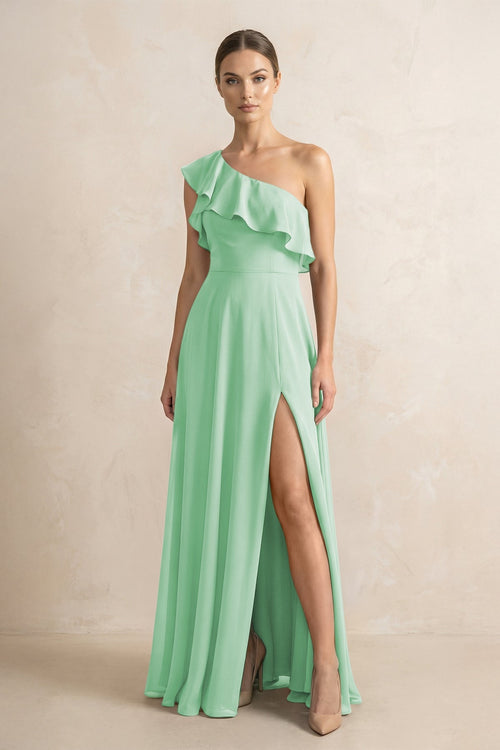 Ruffled One - Shoulder A - Line Chiffon Bridesmaid Dress in Pale Pistachio - KissProm Bridesmaid Dresses