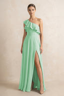 Ruffled One - Shoulder A - Line Chiffon Bridesmaid Dress in Pale Pistachio - KissProm Bridesmaid Dresses