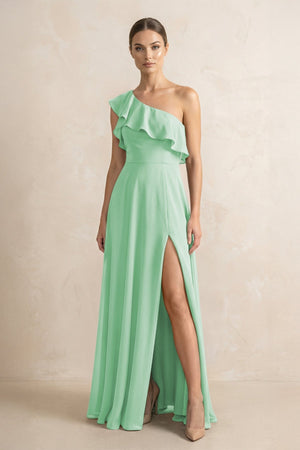 Ruffled One - Shoulder A - Line Chiffon Bridesmaid Dress in Pale Pistachio - KissProm Bridesmaid Dresses