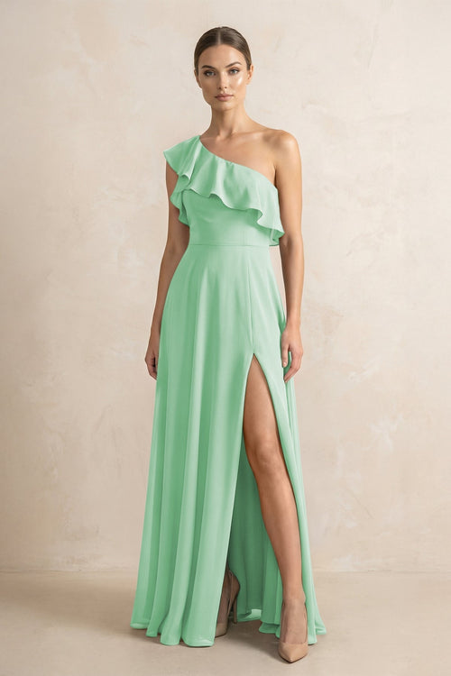 Ruffled One - Shoulder A - Line Chiffon Bridesmaid Dress in Pale Pistachio - KissProm Bridesmaid Dresses