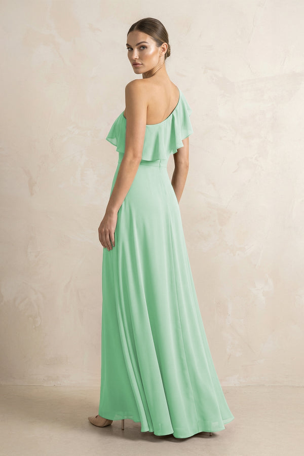 Ruffled One - Shoulder A - Line Chiffon Bridesmaid Dress in Pale Pistachio - KissProm Bridesmaid Dresses