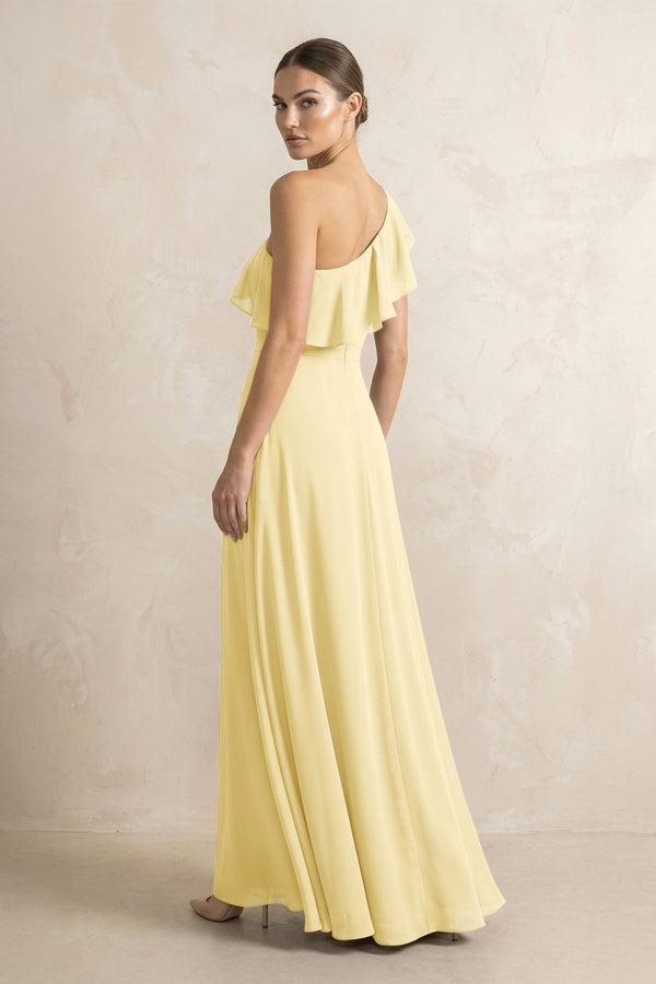 Ruffled One - Shoulder A - Line Chiffon Bridesmaid Dress in Pastel Yellow - KissProm Bridesmaid Dresses