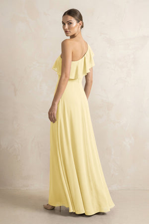 Ruffled One - Shoulder A - Line Chiffon Bridesmaid Dress in Pastel Yellow - KissProm Bridesmaid Dresses