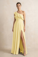 Ruffled One - Shoulder A - Line Chiffon Bridesmaid Dress in Pastel Yellow - KissProm Bridesmaid Dresses