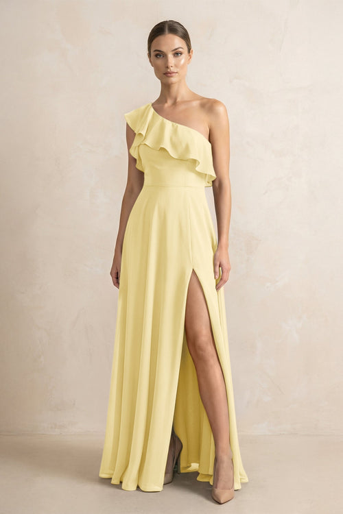Ruffled One - Shoulder A - Line Chiffon Bridesmaid Dress in Pastel Yellow - KissProm Bridesmaid Dresses
