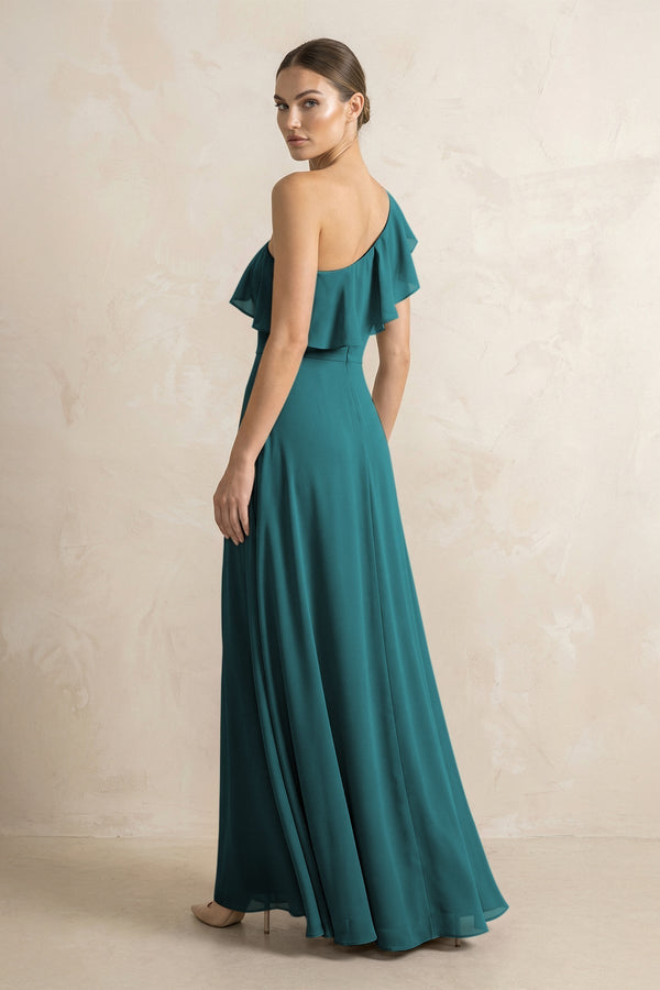 Ruffled One - Shoulder A - Line Chiffon Bridesmaid Dress in Pine - KissProm Bridesmaid Dresses