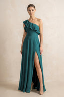 Ruffled One - Shoulder A - Line Chiffon Bridesmaid Dress in Pine - KissProm Bridesmaid Dresses