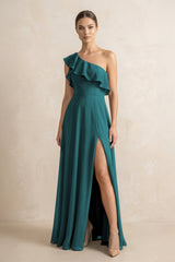 Ruffled One - Shoulder A - Line Chiffon Bridesmaid Dress in Pine - KissProm Bridesmaid Dresses
