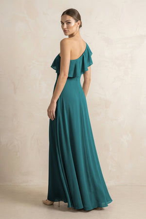 Ruffled One - Shoulder A - Line Chiffon Bridesmaid Dress in Pine - KissProm Bridesmaid Dresses