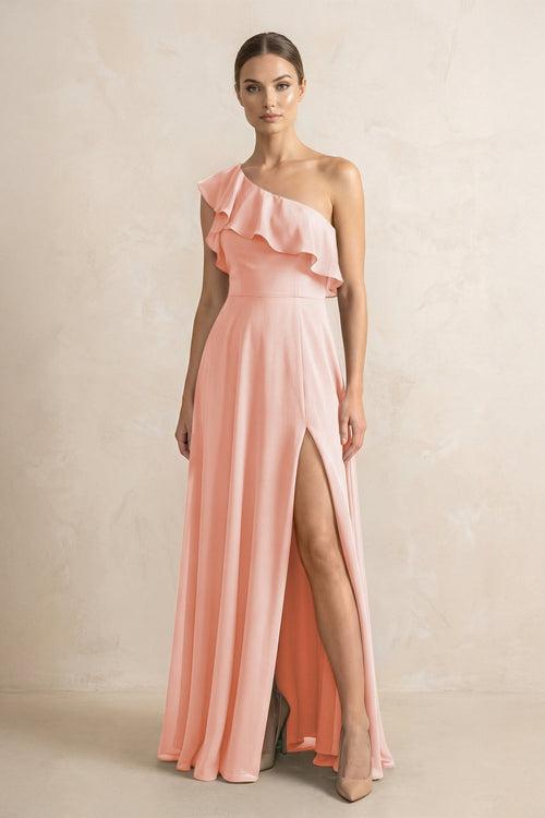 Ruffled One - Shoulder A - Line Chiffon Bridesmaid Dress in Rose Petal - KissProm Bridesmaid Dresses