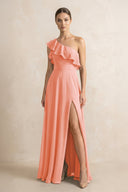 Ruffled One - Shoulder A - Line Chiffon Bridesmaid Dress in Rosette - KissProm Bridesmaid Dresses