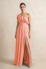 Ruffled One - Shoulder A - Line Chiffon Bridesmaid Dress in Rosette - KissProm Bridesmaid Dresses