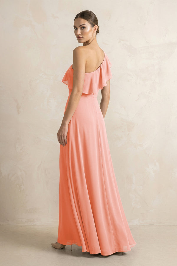 Ruffled One - Shoulder A - Line Chiffon Bridesmaid Dress in Rosette - KissProm Bridesmaid Dresses