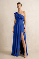 Ruffled One - Shoulder A - Line Chiffon Bridesmaid Dress in Royal Blue - KissProm Bridesmaid Dresses