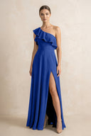 Ruffled One - Shoulder A - Line Chiffon Bridesmaid Dress in Royal Blue - KissProm Bridesmaid Dresses