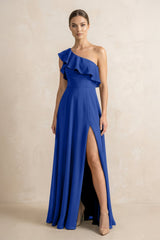 Ruffled One - Shoulder A - Line Chiffon Bridesmaid Dress in Royal Blue - KissProm Bridesmaid Dresses