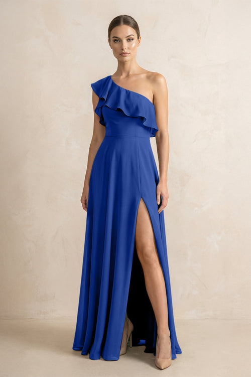 Ruffled One - Shoulder A - Line Chiffon Bridesmaid Dress in Royal Blue - KissProm Bridesmaid Dresses