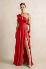 Ruffled One - Shoulder A - Line Chiffon Bridesmaid Dress in Ruby Red - KissProm Bridesmaid Dresses