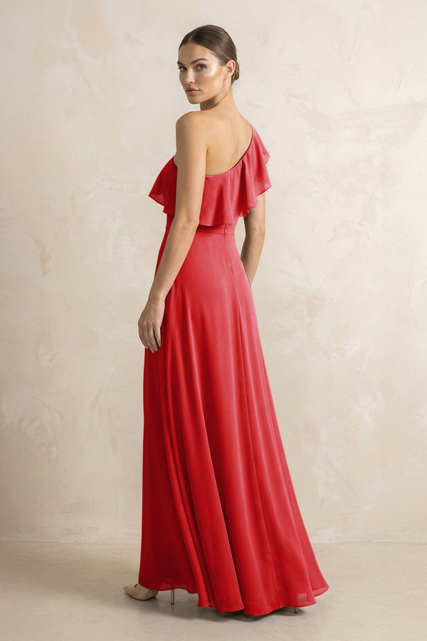 Ruffled One - Shoulder A - Line Chiffon Bridesmaid Dress in Ruby Red - KissProm Bridesmaid Dresses