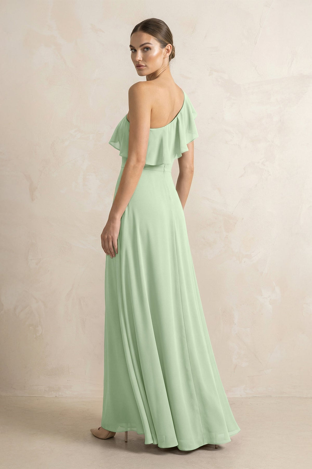 Ruffled One - Shoulder A - Line Chiffon Bridesmaid Dress in Sage - KissProm Bridesmaid Dresses
