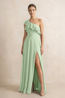 Ruffled One - Shoulder A - Line Chiffon Bridesmaid Dress in Sage - KissProm Bridesmaid Dresses