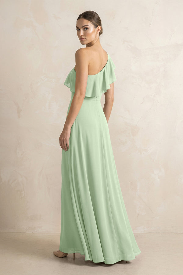 Ruffled One - Shoulder A - Line Chiffon Bridesmaid Dress in Sage - KissProm Bridesmaid Dresses