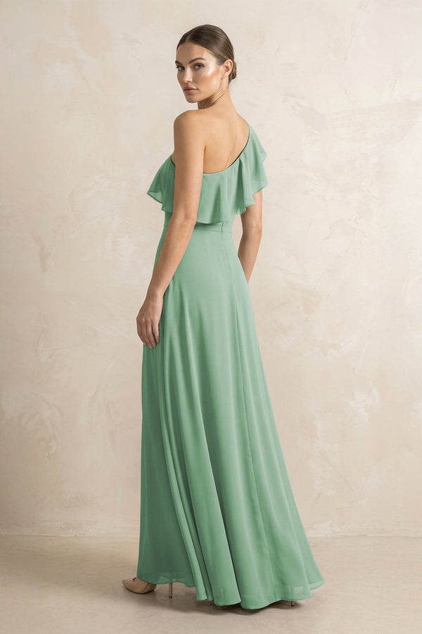 Ruffled One - Shoulder A - Line Chiffon Bridesmaid Dress in Sea Glass - KissProm Bridesmaid Dresses
