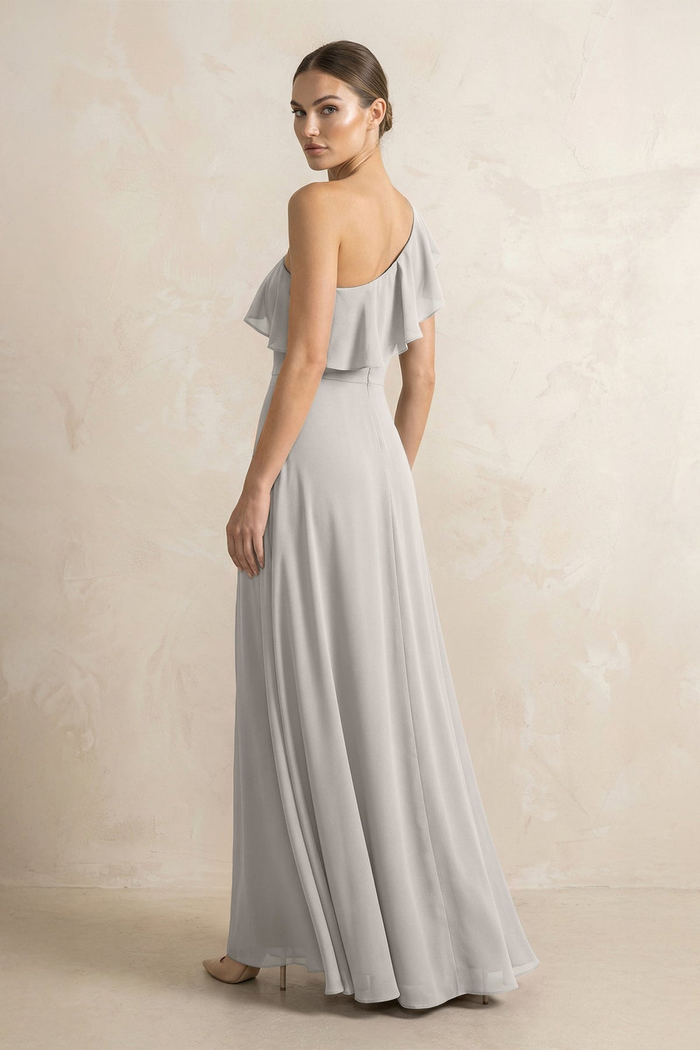 Ruffled One - Shoulder A - Line Chiffon Bridesmaid Dress in Silver - KissProm Bridesmaid Dresses
