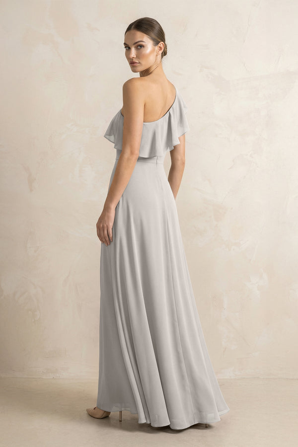 Ruffled One - Shoulder A - Line Chiffon Bridesmaid Dress in Silver - KissProm Bridesmaid Dresses