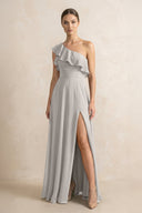 Ruffled One - Shoulder A - Line Chiffon Bridesmaid Dress in Silver - KissProm Bridesmaid Dresses