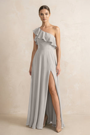 Ruffled One - Shoulder A - Line Chiffon Bridesmaid Dress in Silver - KissProm Bridesmaid Dresses