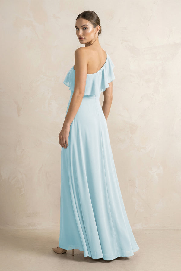 Ruffled One - Shoulder A - Line Chiffon Bridesmaid Dress in Sky Blue - KissProm Bridesmaid Dresses
