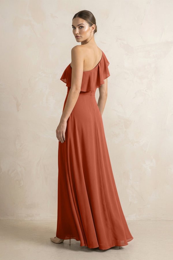 Ruffled One - Shoulder A - Line Chiffon Bridesmaid Dress in Spice - KissProm Bridesmaid Dresses