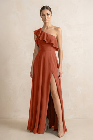 Ruffled One - Shoulder A - Line Chiffon Bridesmaid Dress in Spice - KissProm Bridesmaid Dresses