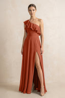 Ruffled One - Shoulder A - Line Chiffon Bridesmaid Dress in Spice - KissProm Bridesmaid Dresses