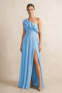 Ruffled One - Shoulder A - Line Chiffon Bridesmaid Dress in Steel Blue - KissProm Bridesmaid Dresses