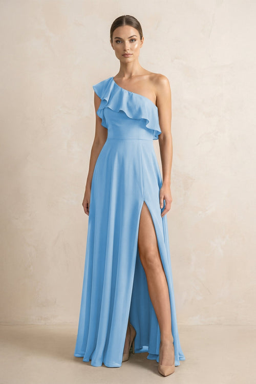 Ruffled One - Shoulder A - Line Chiffon Bridesmaid Dress in Steel Blue - KissProm Bridesmaid Dresses