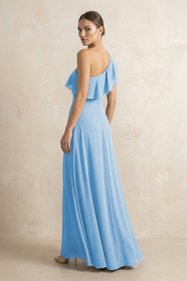 Ruffled One - Shoulder A - Line Chiffon Bridesmaid Dress in Steel Blue - KissProm Bridesmaid Dresses