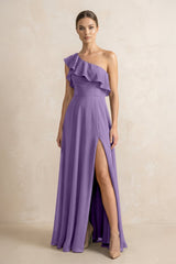 Ruffled One - Shoulder A - Line Chiffon Bridesmaid Dress in Tahiti - KissProm Bridesmaid Dresses