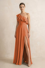 Ruffled One - Shoulder A - Line Chiffon Bridesmaid Dress in Terracotta - KissProm Bridesmaid Dresses