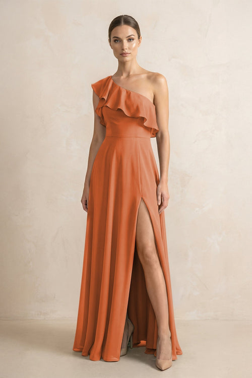 Ruffled One - Shoulder A - Line Chiffon Bridesmaid Dress in Terracotta - KissProm Bridesmaid Dresses
