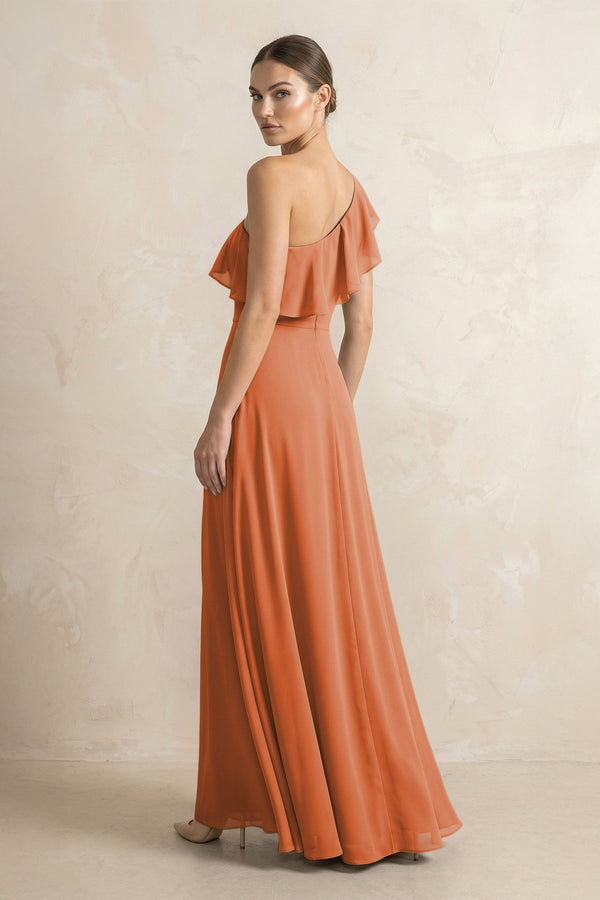 Ruffled One - Shoulder A - Line Chiffon Bridesmaid Dress in Terracotta - KissProm Bridesmaid Dresses
