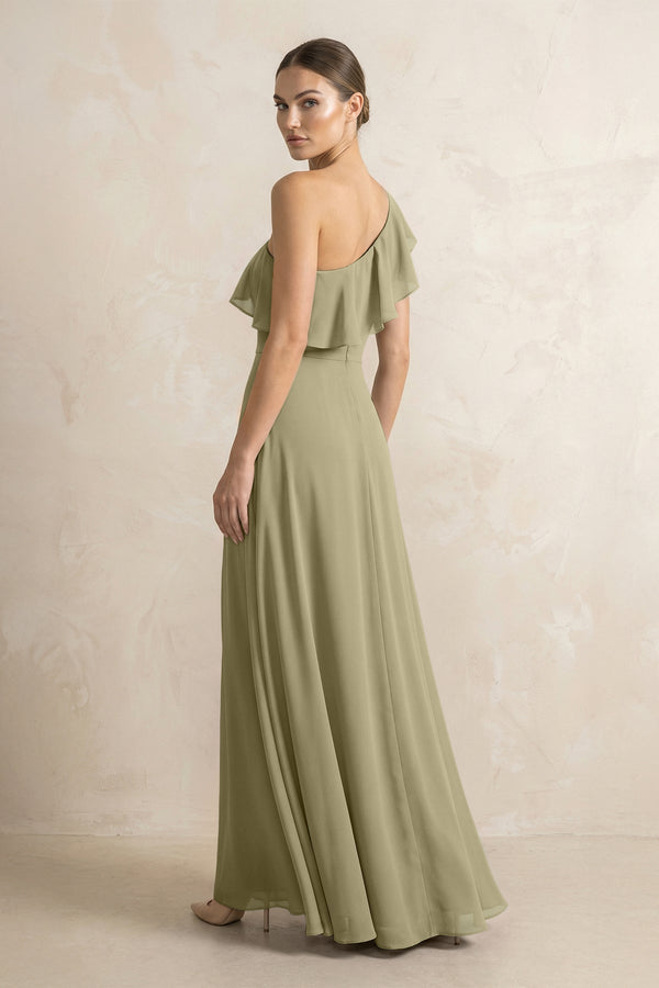 Ruffled One - Shoulder A - Line Chiffon Bridesmaid Dress in Thyme - KissProm Bridesmaid Dresses