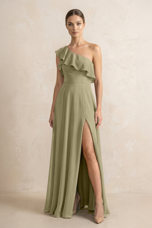 Ruffled One - Shoulder A - Line Chiffon Bridesmaid Dress in Thyme - KissProm Bridesmaid Dresses