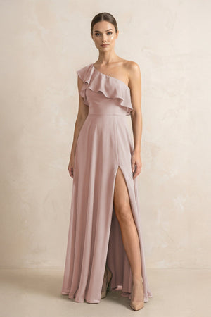 Ruffled One - Shoulder A - Line Chiffon Bridesmaid Dress in Toffee - KissProm Bridesmaid Dresses