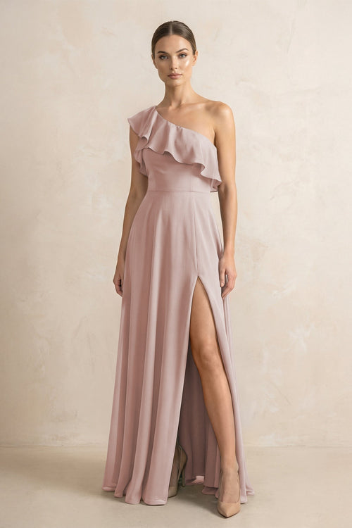 Ruffled One - Shoulder A - Line Chiffon Bridesmaid Dress in Toffee - KissProm Bridesmaid Dresses
