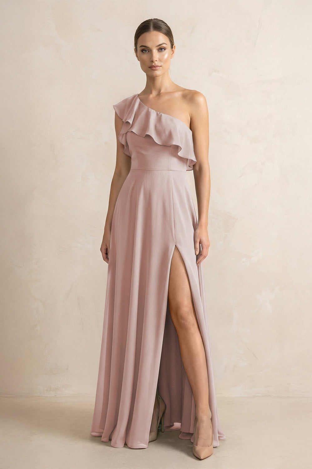 Ruffled One - Shoulder A - Line Chiffon Bridesmaid Dress in Toffee - KissProm Bridesmaid Dresses