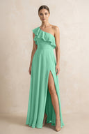 Ruffled One - Shoulder A - Line Chiffon Bridesmaid Dress in Turquoise - KissProm Bridesmaid Dresses