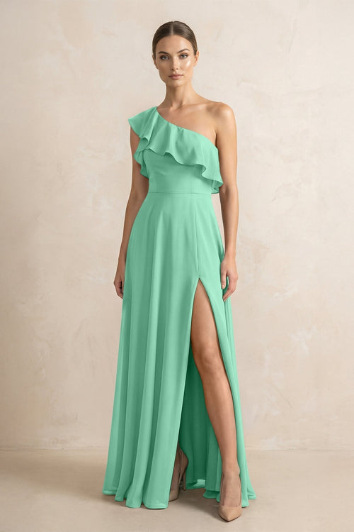 Ruffled One - Shoulder A - Line Chiffon Bridesmaid Dress in Turquoise - KissProm Bridesmaid Dresses